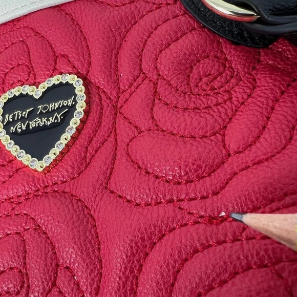 Betsey Johnson NY Satchel Red White Black Rose Quilted Bag Purse *Flaw - Picture 14 of 16